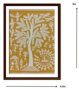 Tree AND Tribals Daily Life Warli Painting (Yellow) WLS140