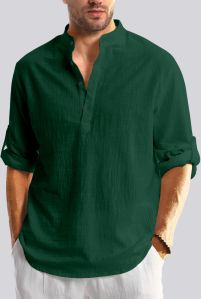 Mens Dark Green Cotton Short Kurta Shirt