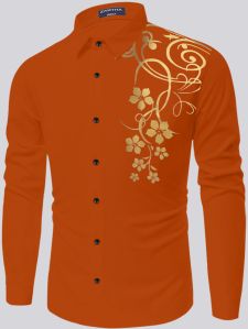 Mens Printed Cotton Orange Shirt Xl, Xll Party Wear