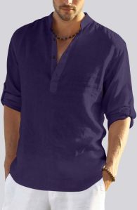 Mens Purple Cotton Linen Full Sleeves Regular Fit Short Kurta Shirt