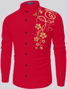 Mens Red Regular Fit Cotton Printed Shirt