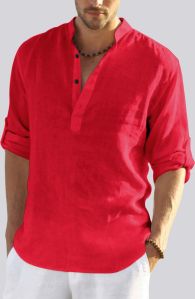 Mens Stylish Red Cotton Linen Full Sleeves Regular Fit Short Kurta Shirt