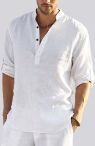 Mens White Cotton Linen Full Sleeves Regular Fit Short Kurta Shirt