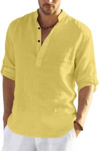 Mens Yellow Cotton Linen Full Sleeves Regular Fit Short Kurta Shirt