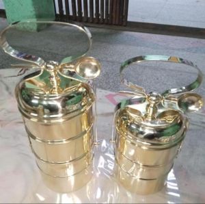 Polished Brass Tiffin Box, Color : Golden For Food Packing