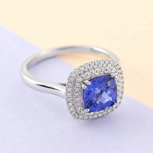 Genuine AAAA Tanzanite Diamond Ring In 14K White Gold