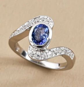 Natural Tanzanite and Moissanite Diamond 14K White Gold Engagement Ring