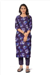 Purple Cotton Floral Printed Kurta Pant Dupatta Set
