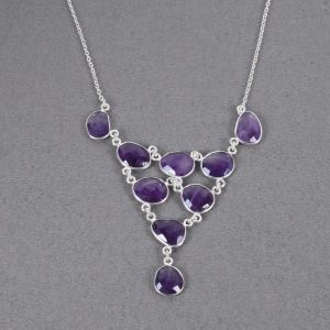 Sterling Silver Purple Handmade Natural Gemstone Bib Necklace