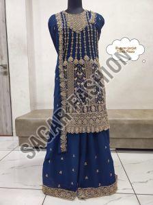 Ladies Navy Blue Sharara Suit With Dupatta