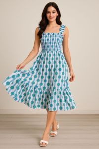 Square Neckline Cotton Flared Polka Dot Dress, Color : Blue Casual