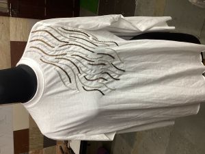 White Cotton Piping Beadsss T-SHIRT, Size : M