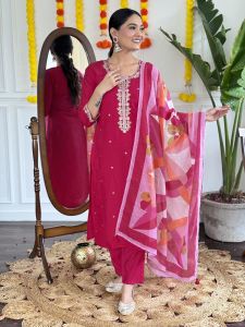 Ladies Dark Pink Viscose Chanderi Kurta, Pant and Dupatta Set