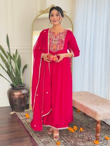 Ladies Red Vichitra Silk Embroidered Kurta, Rayon Pant And  Dupatta Set
