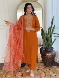 Ladies Rust Rayon Embroidered Kurta, Pant And Dupatta Set