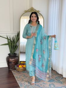 Ladies Sky Blue Viscose Embroidered Kurta, Pant Anddupatta Set