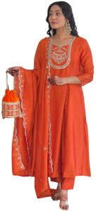 Ladies Vichitra Silk Kurta with Rayon Pant And Dupatta Set