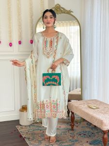 Ladies White Viscose Chanderi Straight Kurta, Pant and Dupatta Set