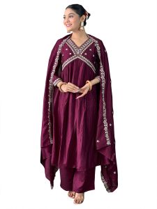 Ladies Wine Vichitra Silk Embroidered Kurta, Pant  And Dupatta Set