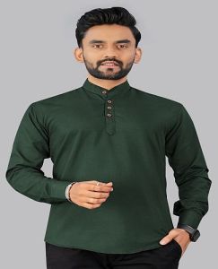 Mandarin Collar Plain Mens Green Cotton Short Kurta