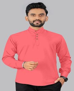 Mandarin Collar Mens Light Red Cotton Short Kurta