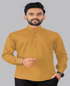Mens Mustard Solid Cotton Short Kurta