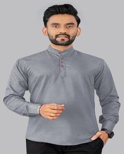 Mens Plain Grey Cotton Short Kurta