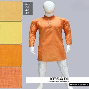 Mens Poly Cotton Solid Orange Kurta Pajama Set