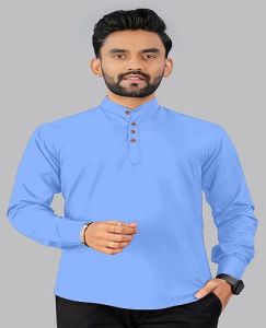 Mens Sky Blue Plain Cotton Short Kurta
