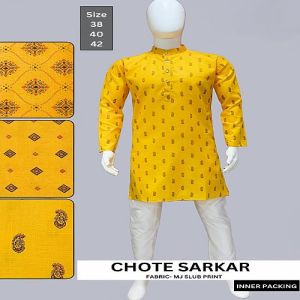 Mens Yellow Cotton Slub Printed Kurta Pajama Set