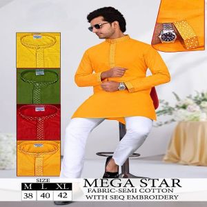 Mens Yellow Embroidered Semi Cotton Kurta Pajama Set