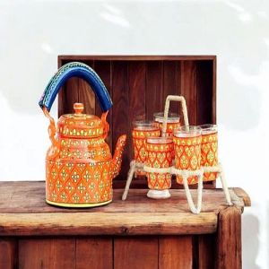 Orange Hand Painted Tea Kettle With Glass Set