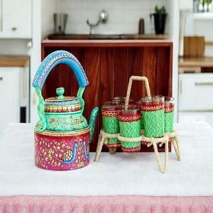 Red and Green Hand Painted Tea Kettle With Glass Set