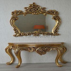 Antique Golden Wooden Console Table With Mirror