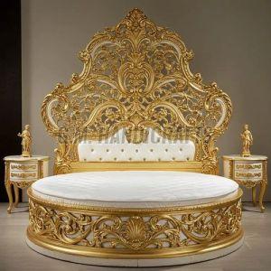 Polished Luxury Carved Wooden Double Bed, Color : Golden