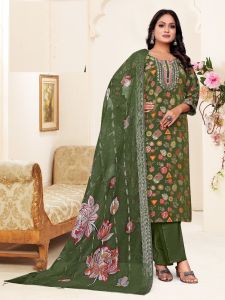 Ladies Green Floral Embroidered Suit