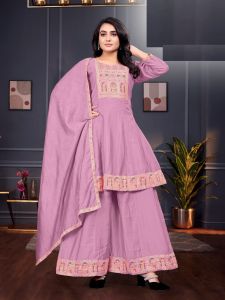 Ladies Lavender Embroidered Kurta Palazzo Set