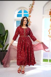 Ladies Red Festive Belted Dress