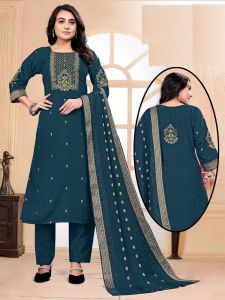 Ladies Teal Embroidered Salwar Suits