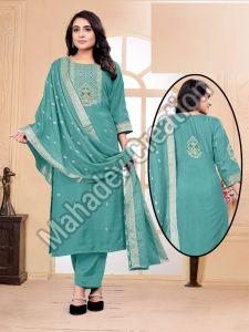Silk Blend Ladies Fancy Embroidered Suit, Color : Teal Green