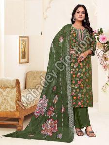 Silk Blend Ladies Green Floral Embroidered Suit