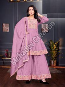 Silk Blend Ladies Lavender Embroidered Kurta Palazzo Set