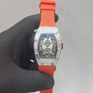 Tourbillon Talisman Diamond Silver Red Rubber Strap Swiss Watch