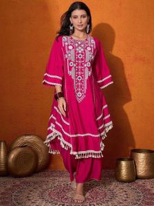 Embroidered Cotton Kaftan Dress, Color : Pink / Blue Daily Wear