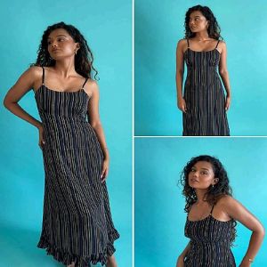 Black Striped A-Line Cowl Neck Maxi Dress