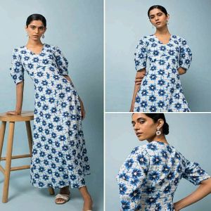 Blue and White Floral Print V Neck Maxi Dress