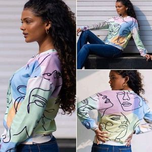 Round Neck Ladies Multicolour Cotton Fleece Printed Sweatshirt