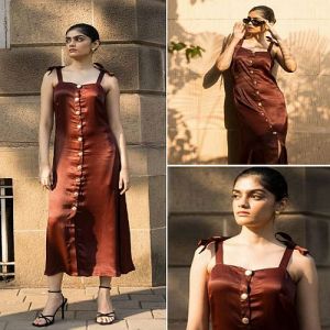 Ladies Plain Brown Cowl Neck Viscose Satin Maxi Dress