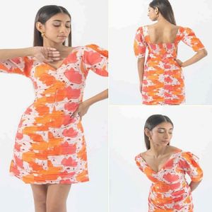 Ladies White And Orange Floral Printed Linen Short Dress