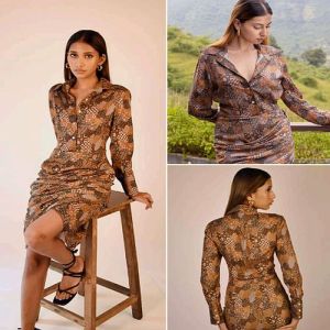 Party Wear Ladies Brown Printed Shirt Style One Piece Dress